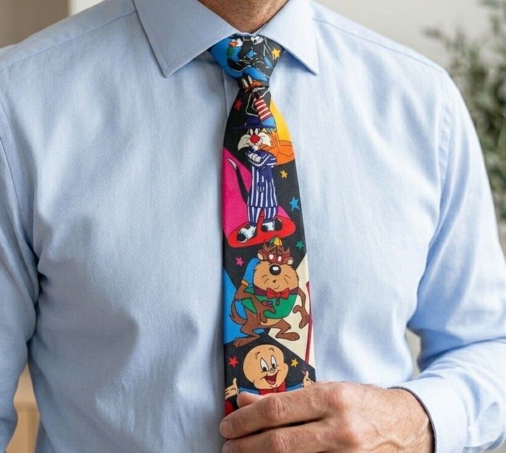 Vintage 1993 Looney Tunes Mania The Mighty Toons Mens Tie Taz Bugs Bunny Black